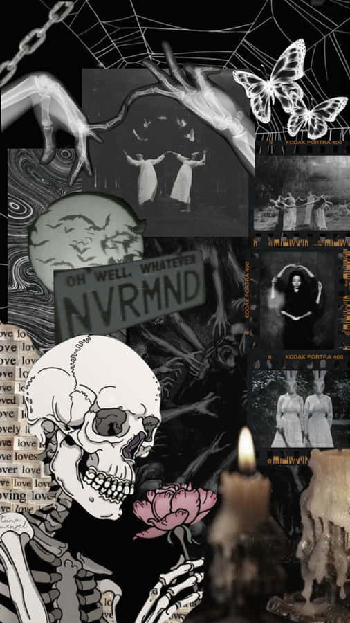 Cute Gothic Collage Skeleton Butterflies Wallpaper