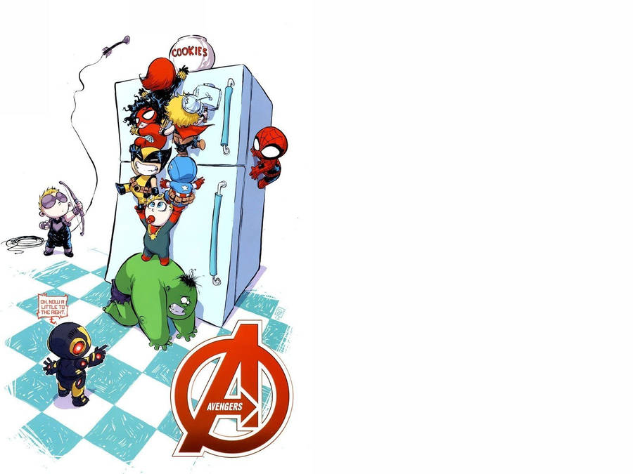 Cute Marvel Avengers Sneaking In Refrigerator Wallpaper