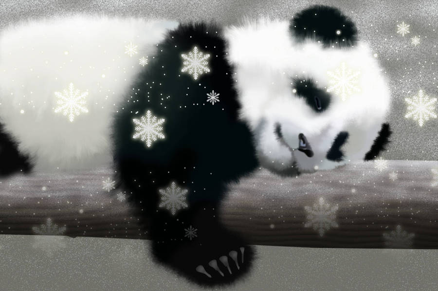 Cute Panda With Snow Flakes Wallpaper