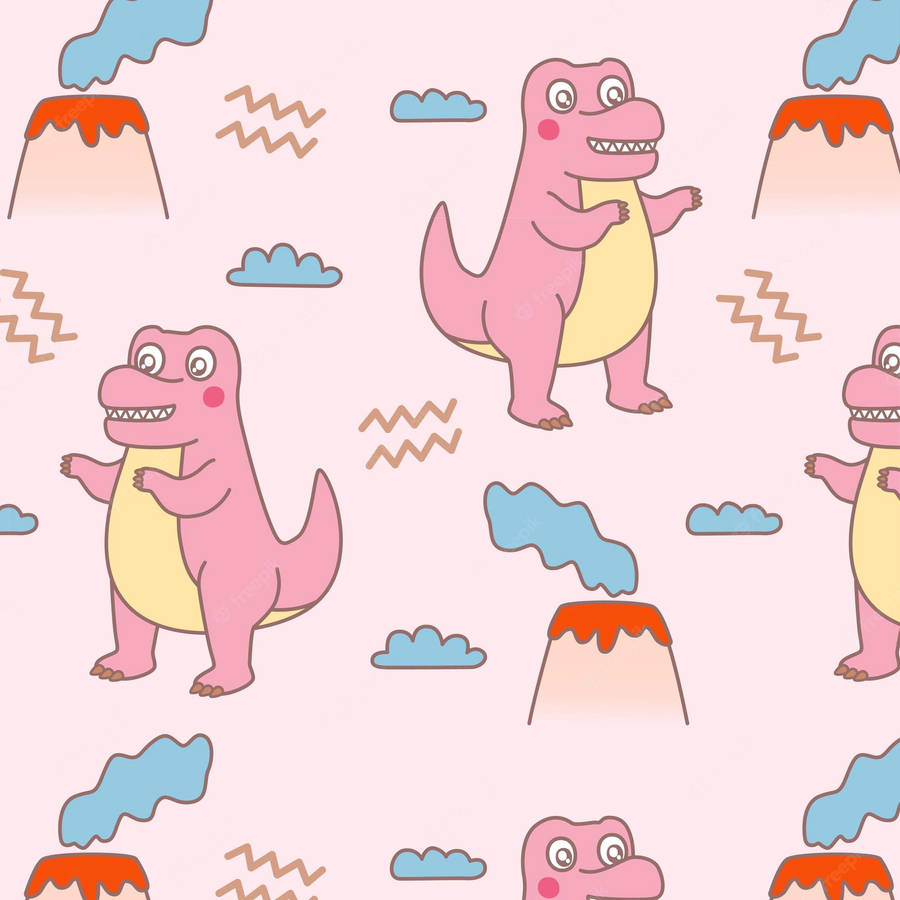 Cute Pink Dinosaur And Volcanoes Pattern Wallpaper