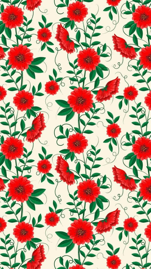 Cute Red Flowers And Green Leaves Pattern Wallpaper