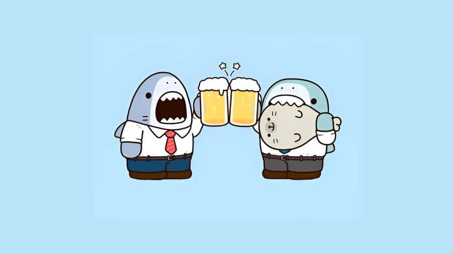 Cute Shark And Pufferfish Cheers Wallpaper
