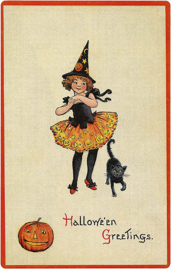 Cute Witchy Girl Beside Black Cat Wallpaper