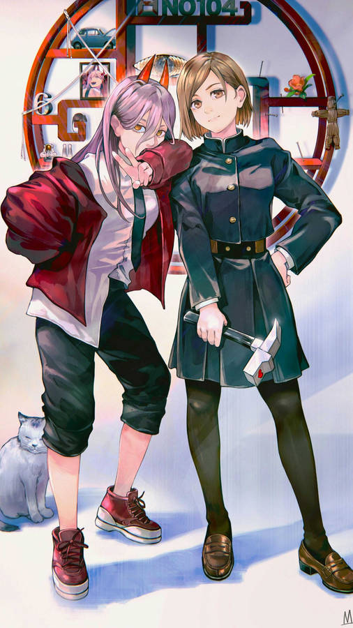 Cutting Through Enemies With Ease, The Chainsaw Man And Nobara Join Forces Against A Common Threat Wallpaper