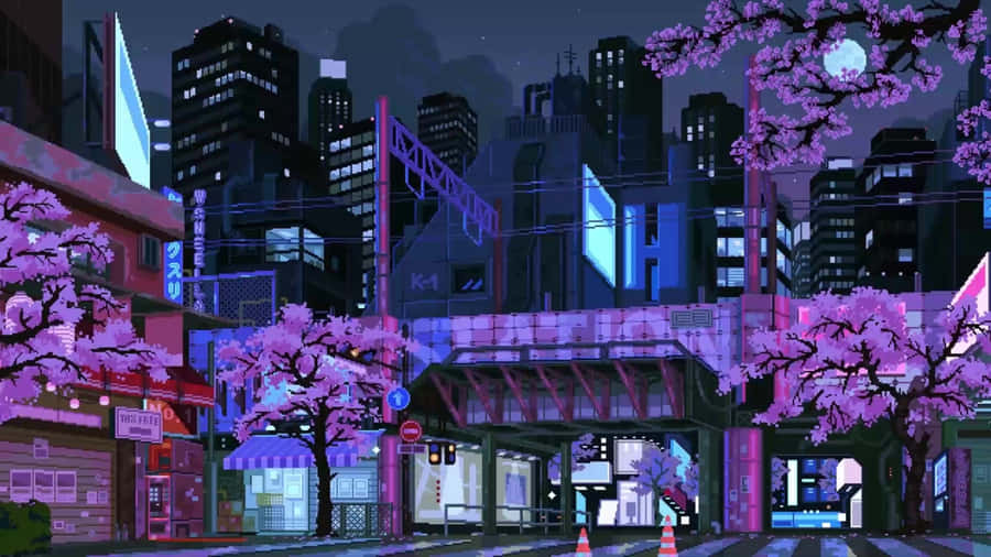 Cyberpunk Cityscape With Cherry Blossoms Wallpaper