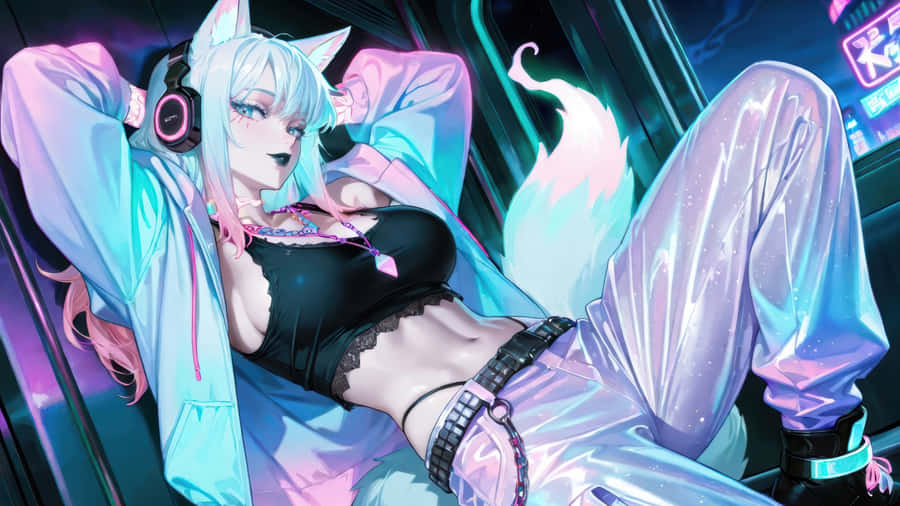 Cyberpunk Fox Girl Relaxing Wallpaper