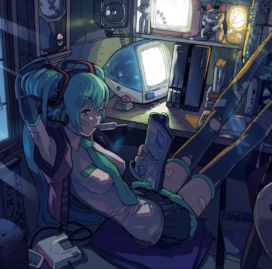 Cyberpunk Gamer Girl Room Wallpaper