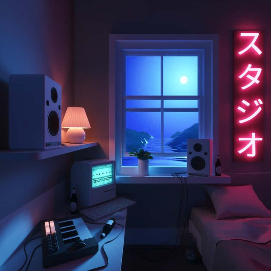 Cyberpunk Moonlit Room Neon Glow Wallpaper