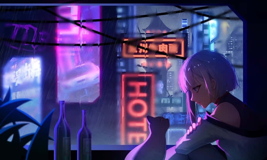 Cyberpunk Reflectionswith Cat Wallpaper