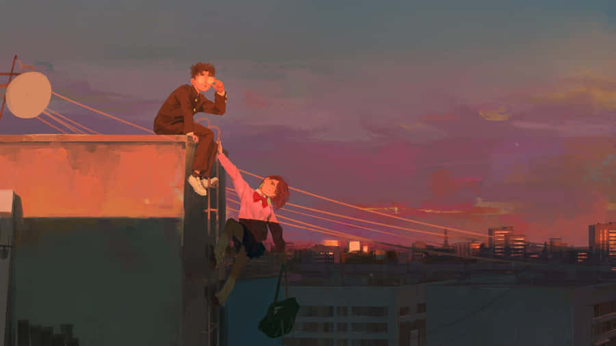 Dandadan Sunset Rooftop Scene Wallpaper