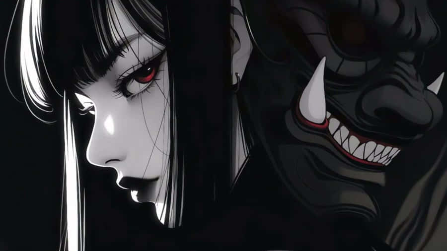 Dark Anime Girl With Oni Mask Wallpaper