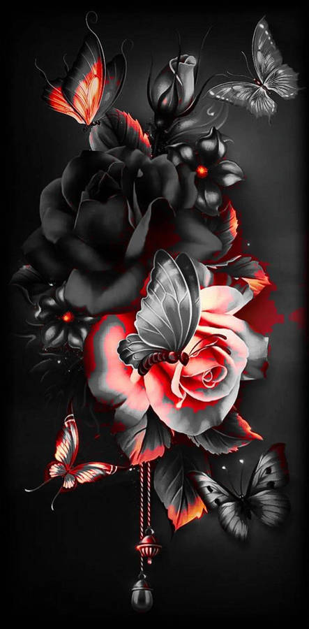 Dark Black Floral With Butterflies Wallpaper