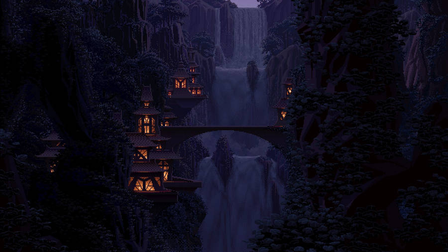 Dark Pixel Hidden Mountain Village Wallpaper