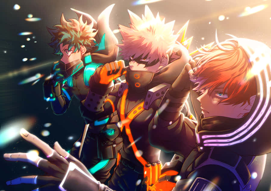 Deku And Todoroki, Ready To Enter The Battlefield In Their Superhero Costumes. Wallpaper