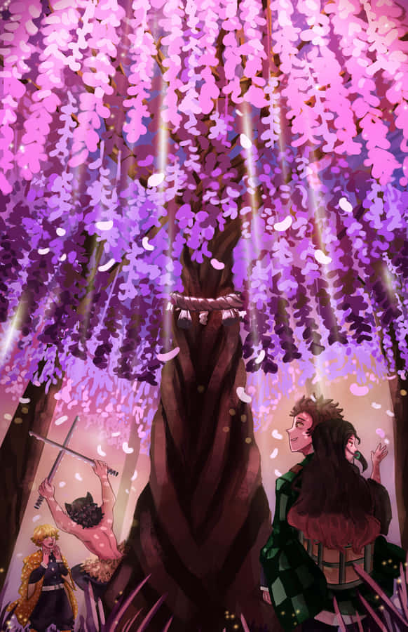 Demon Slayer Scenery Characters Cherry Blossom Tree Wallpaper