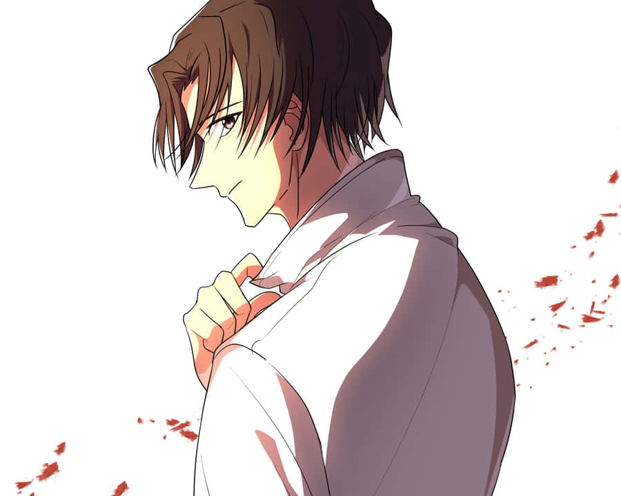 Determined Anime Character Clutching Shirt Wallpaper