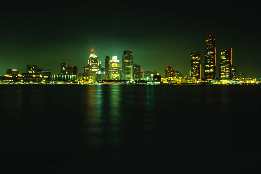 Detroit Skyline Night Reflection Water Wallpaper