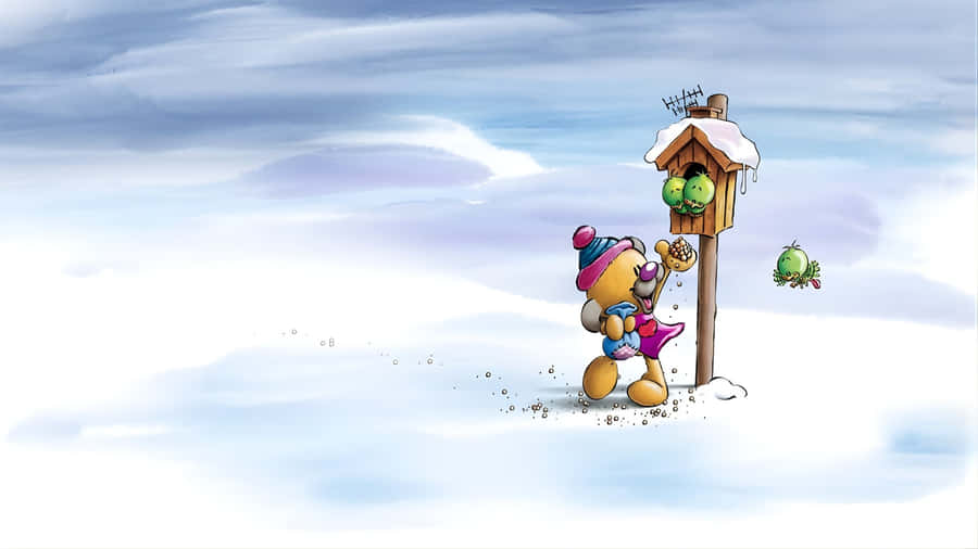 Diddl Winter Birdhouse Scene Wallpaper