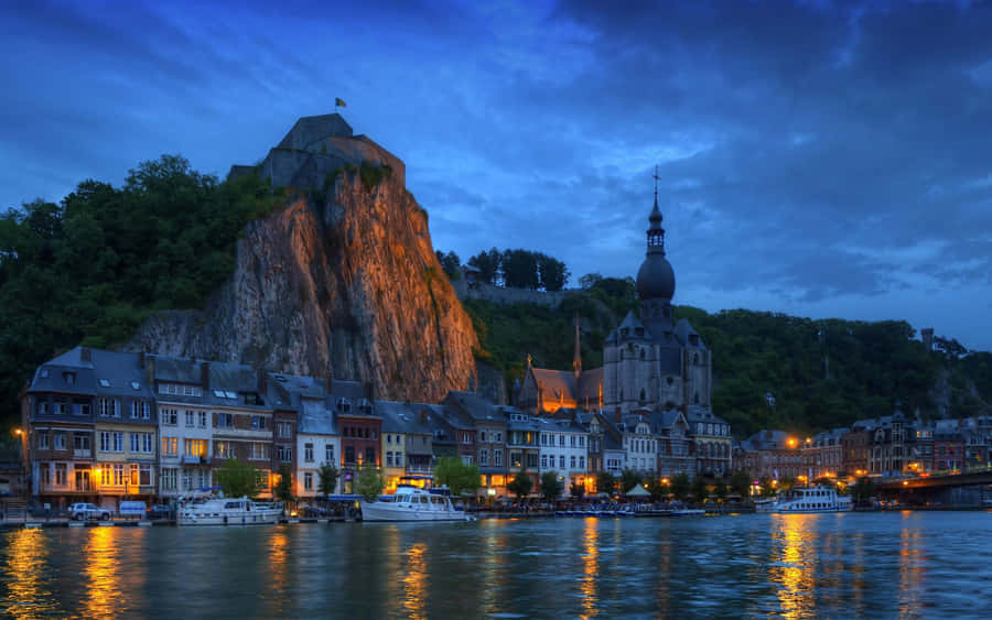 Dinant Twilight Riverside View Wallpaper