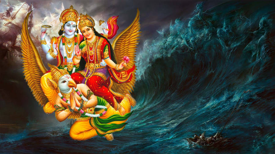 Divine Grace Of Lord Vishnu And Goddess Lakshmi Riding Garuda Wallpaper