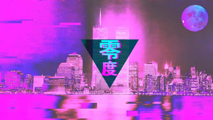 Dreamcore Cityscapewith Triangular Overlayand Moon Wallpaper