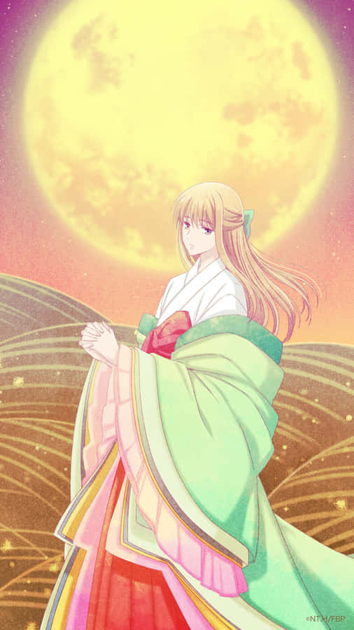 Elegant Anime Character Traditional Dress Moonlight Wallpaper