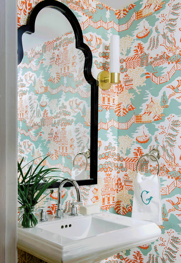 Elegant Chinoiserie Mirror In A Stylish Powder Room Wallpaper