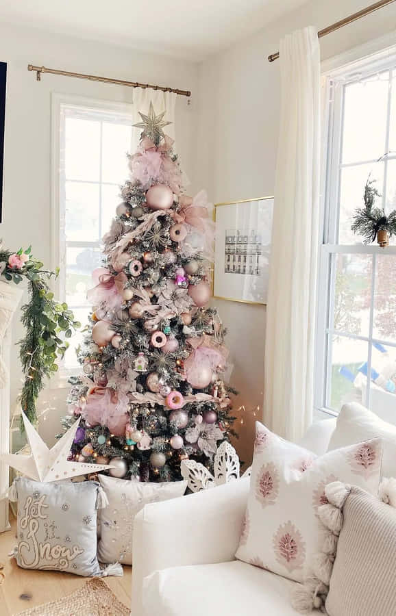 Elegant Pink Christmas Tree Decor Wallpaper