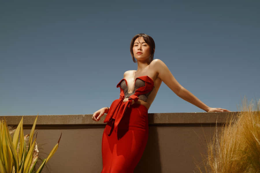 Elegant Red Dress Outdoor Portrait Wallpaper