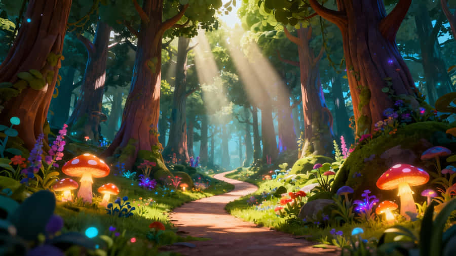 Enchanted Cartoon Forest Path Wallpaper