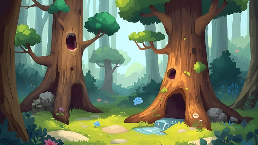 Enchanted Cartoon Forest Trees Wallpaper