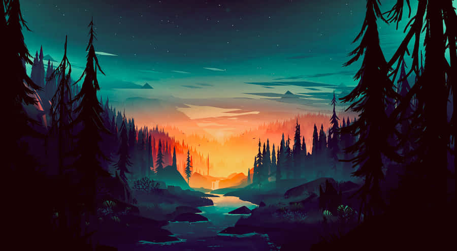 Enchanted Forest Sunset Landscape Wallpaper