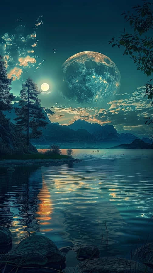 Enchanted_ Moonrise_ Over_ Lake Wallpaper