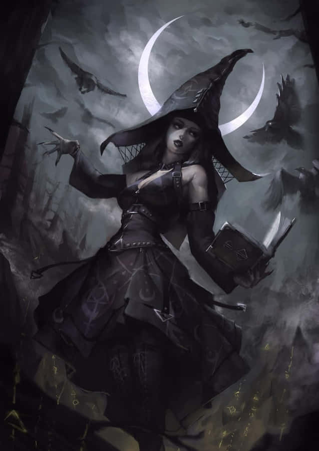 Enchanting Dark Witch In Moonlit Forest Wallpaper