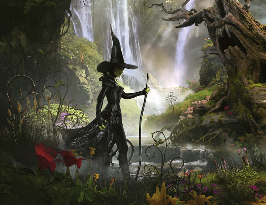 Enchanting Green Witch In The Mystical Forest Wallpaper