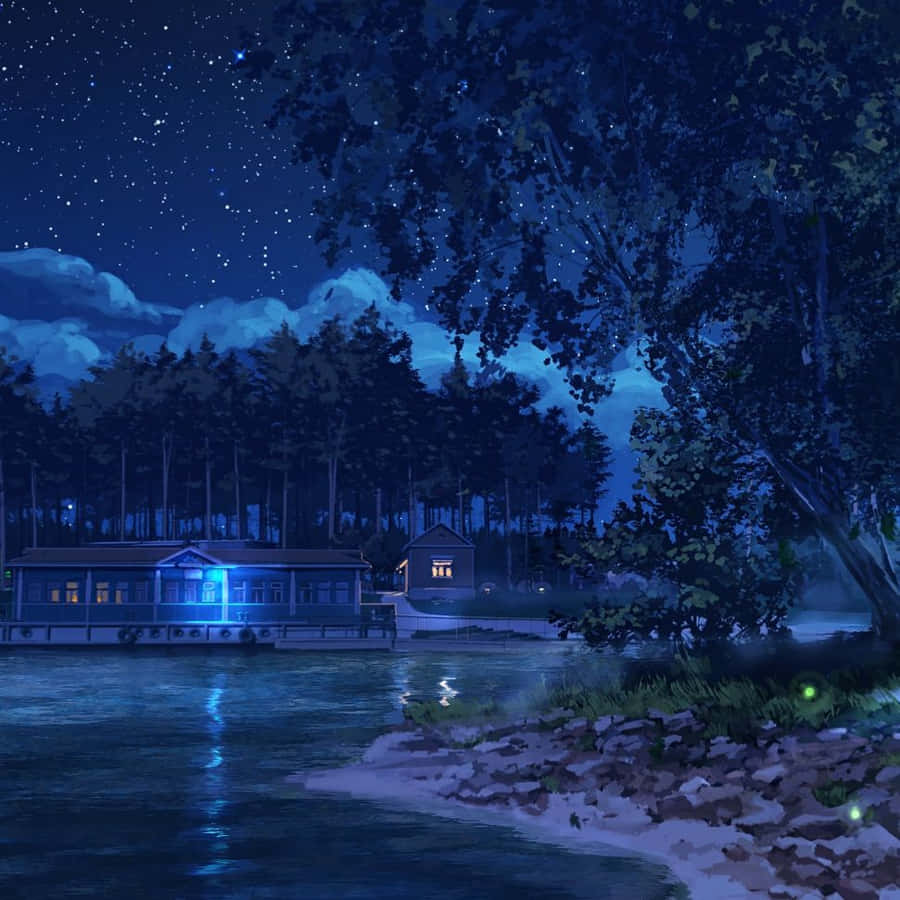 Enchanting Night Landscape In Anime-style Forest Scenery Wallpaper