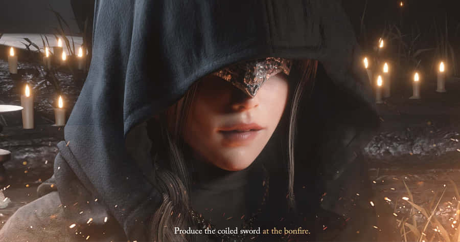 Enigmatic Fire Keeper Embracing The Flames In A Dark, Mystical Environment Wallpaper