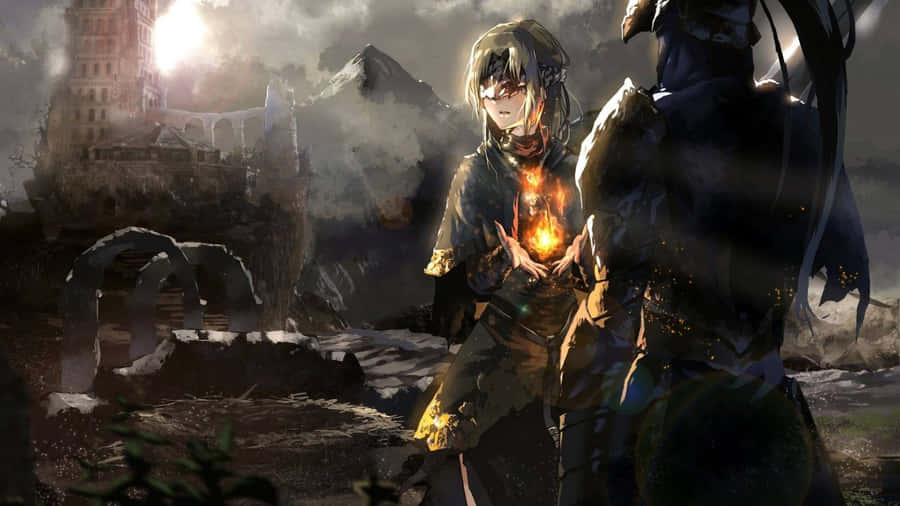 Enigmatic Fire Keeper In A Majestic Landscape Wallpaper