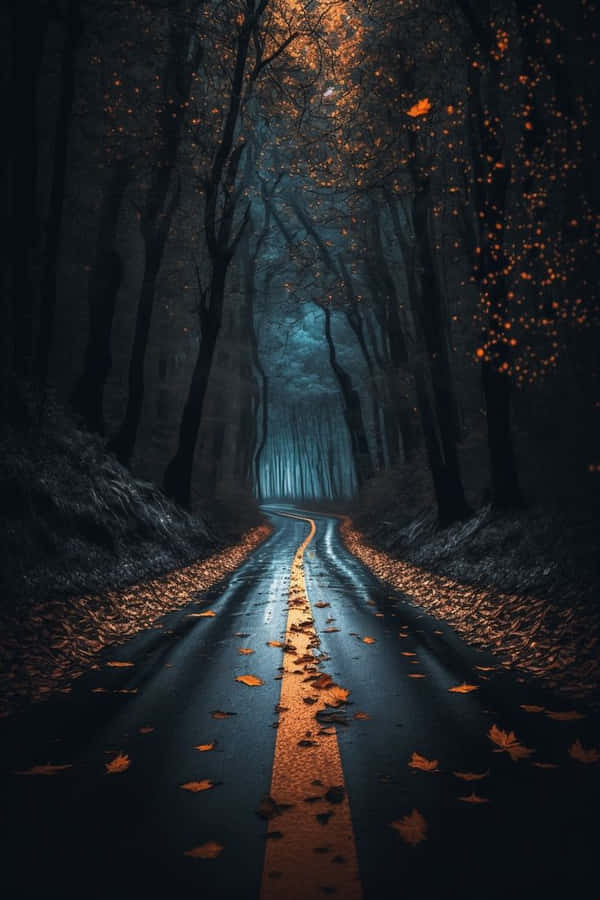 Enigmatic Forest Roadat Night Wallpaper