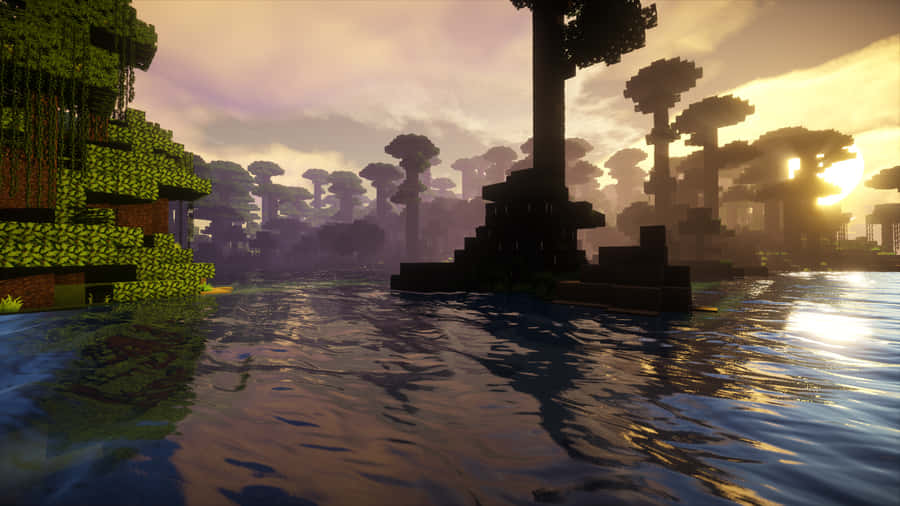 Enjoy The Relaxing Vista Of A Minecraft Sunset. Wallpaper