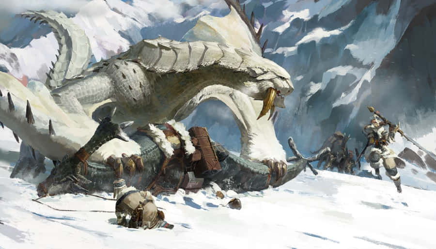 Epic Battle Between Iconic Monsters In Monster Hunter Wallpaper