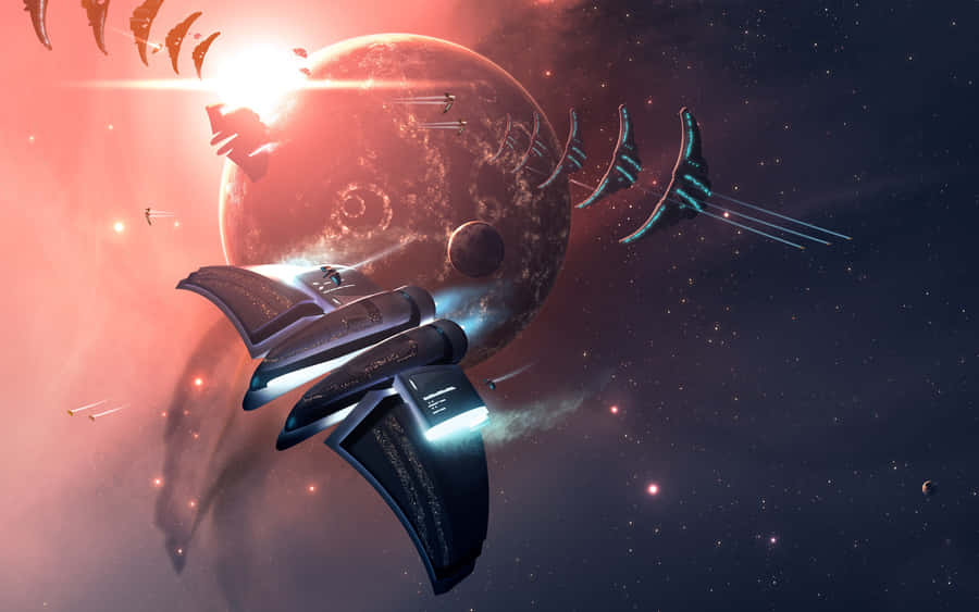 Epic Space Battle Under Galactic Lights Wallpaper