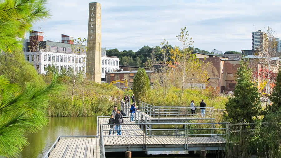 Evergreen Brick Works Pondand Walkway Wallpaper