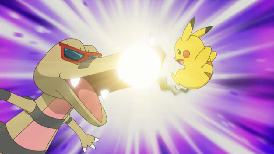 Evolved Sandile With Sunglasses Battling Pikachu Wallpaper