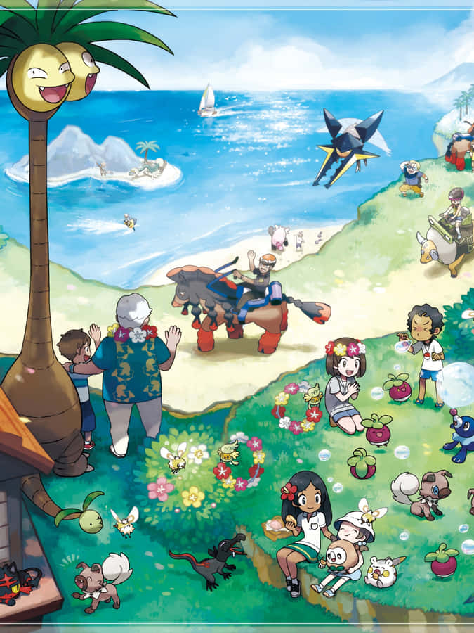 Exeggutor With Other Characters At Beach Wallpaper