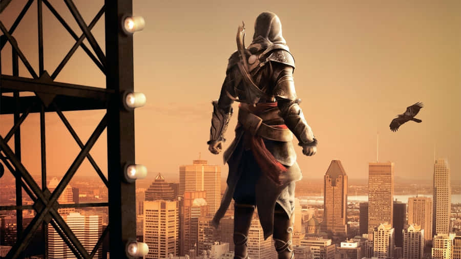 Ezio Auditore Standing On A Rooftop Overlooking The City Wallpaper