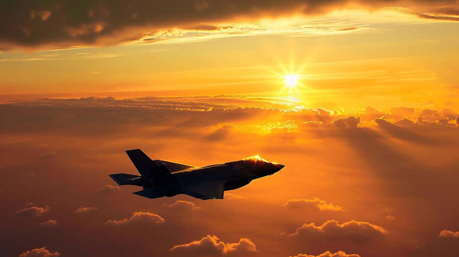 F35 Jet Sunset Flight Wallpaper