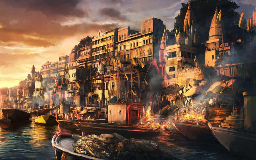 Fantasy_ Harbor_ Sunset_ Scene Wallpaper