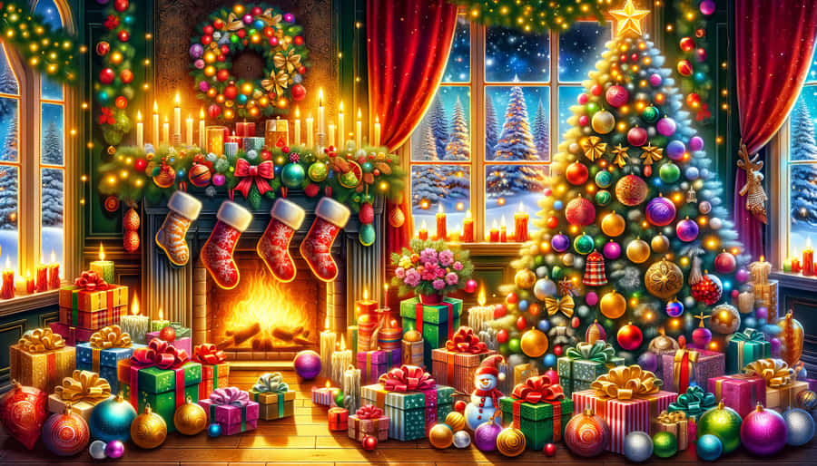 Festive Christmas Fireplace Scene Wallpaper
