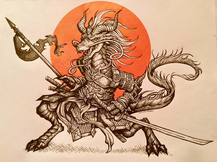 Fierce Samurai And Mythical Dragon Battle Wallpaper